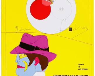 1319
Richard Lindner
(1901-1978)
"Richard Lindner: University Art Museum, Berkeley," 1969
Screenprint in colors on paper
From the edition of unknown size (there was also a signed and numbered edition of 200)
Unsigned, except for the signature printed within the image
Image/Sheet: 30.5" H x 23.5" W
Estimate: $50 - $100