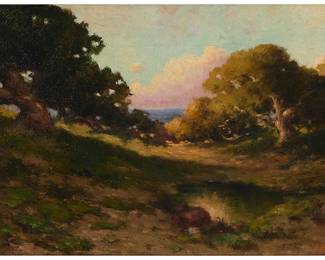 1055
Arthur Beckwith
(1860-1930)
"Marin Landscape with Oaks and S.F. Bay"
Oil on canvas
Signed lower right: A. Beckwith; titled on the sales invoice
10" H x 16" W
Estimate: $300 - $500