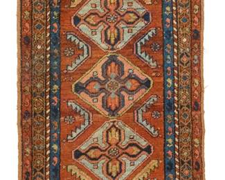 1418
A Caucasian runner
20th century; Azerbaijan
Wool on cotton foundation
9' L x 2' 6" W
Estimate: $300 - $400