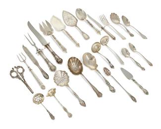 1341
A group of sterling silver flatware items and serving utensils
Late 19th/early 20th century
Most marked for sterling and for various makers including Tiffany and Wallace
Comprising various spoons, butter spreaders, serving spoons and forks, and two carving sets
50 pieces approximately
Largest: 13.5" L
Weighable sterling: 42.8 oz. troy approximately
Estimate: $1,000 - $1,500