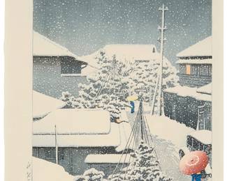 1242
Kawase Hasui
(1883-1957)
"Snow at Daichi," 1925
Woodcut in colors on paper
From the edition of unknown size and date
Signed "Hasui" and sealed "sui" in the lower left image; titled in Japanese in the lower right margin; Shobisha, pub.
Image: 13.25" H x 8.75" W; Sheet: 15.375" H x 10.75" W
Estimate: $200 - $300
