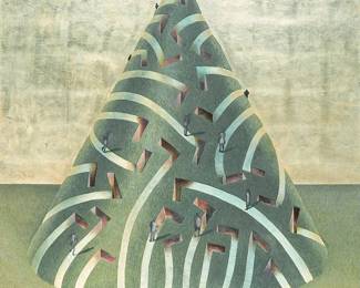 1289
Clifford Goodenough
(20th/21st Century)
Geometric abstraction with people walking, 1983
Tempera, gold leaf, and oil glazes on Masonite
Signed and dated lower right: Clifford Goodenough 1983
36.25" H x 33.75" W
Estimate: $600 - $800
