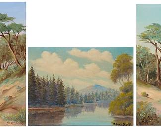 1075
Roger Scott
(1898-1976)
Three coastal and lake scenes
Each: Oil on canvas
Each signed lower right: Roger Scott
3 pieces
Smallest: 6" H x 8" W; Largest: 10" H x 8" W
Estimate: $200 - $300