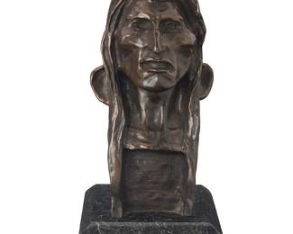 1090
After Frederic Remington
(1861-1909)
"The Savage," modeled 1908
Patinated bronze on marble plinth
Edition: 33/100
Signed, dated, and numbered in the casting: Frederic Remington; further marked in the casting: Copyright Frederic Remington
Bronze: 10.5" H x 5.25" W x 5.25" D; Overall: 12" H x 6.125" W x 6.125" D
Estimate: $300 - $500