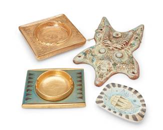 1483
Sascha Brastoff (1918-1993)
A 'Mosaic Line' ceramic wall plaque and three ashtrays, circa 1950s
Two inscribed: Sascha B; starfish with mold mark identification: M30; each ashtray variously marked for the artist
Comprising a starfish-form plaque with gilt accents and three glazed or painted ceramic ashtrays, one with an enameled metal overlay element
4 pieces
Mosaic: 17.5" H x 11" W x 1.75" D; Largest ashtray: 1.875" H x 9.25" W x 9.25" D
Estimate: $200 - $300