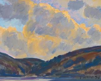 1042
Thomas Wood
(b. 1940)
Clouds and Lake Nicasio (Marin County), 1994
Oil on canvas
Signed and dated lower right: T. Wood 94
9" H x 12" W
Estimate: $300 - $500