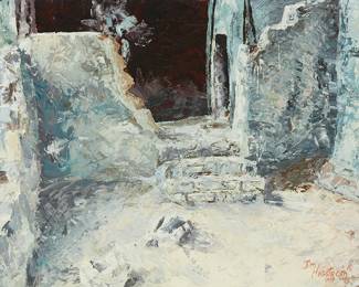 1076
Jim Hagstrom
(20th/21st century)
"Roosevelt Ruins, Roosevelt Lake" (Arizona), 1997
Oil on canvas
Signed and dated lower right: Jim Hagstom © / 1997; titled in ink on a label affixed to the frame's verso
18" H x 20" W
Estimate: $400 - $600