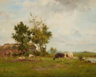 1151
Adrianus Johannes Groenewegen
(1874-1963)
"Farmstead at Haarlem"
Oil on canvas
Signed lower right: A.J. Groenewegen; titled on the frame
12" H x 16" W
Estimate: $200 - $300