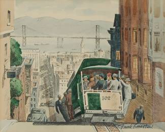 1169
Frank Serratoni
(1908-1970)
"Cable Car Down Washington Street #2"
Watercolor, charcoal, and ink on paper
Signed lower right: Frank Serratoni; titled in blue pencil, possibly in another hand, on a label affixed to the frame's backing paper
Sight: 8.25" H x 10.25" W
Estimate: $400 - $600