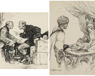 1195
Joseph L. Kraemer (1872-1938)
Two works:

An argument
Ink on paper
Signed in ink lower right: Kraemer
Sight: 8.875" H x 8.875" W

An exchange
Ink with traces of graphite on paper
Signed in ink lower left: Jos. L. Kraemer
Sight: 11.875" H x 9"W
Estimate: $200 - $300
