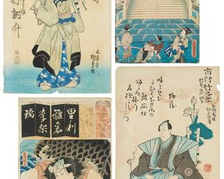 1229
Three works by Utagawa Kunisada (Toyokuni III) (1786-1865), and one work by an Edo Period artist
Four works:

"Nihonbashi from the Processional Tokaido" from the "Tokaido" series, 1863
Woodcut in colors on paper
From the edition of unknown size and date
With signature and seals in Japanese along the left edge; Itsuka, pub.
Sheet: 12.75" H x 8.75" W

"Kabuki Play: Ataridoshi Satomi no Yatsufusa"
Woodcut in colors on paper
From the edition of unknown size and date
With seals in the lower left image
Sheet: 14.375" H x 10" W

"The Syllable Ri for the Carp Scroll" from "The Seven Variations of the Iroha," 1856
Woodcut in colors on paper
From the edition of unknown size and date
With a seal in the left center image
Sheet: 14.375" H x 10" W

Edo Period artist
"Memorial Portrait of Ichimura Takenojo V, Age 39," 1851
Woodcut in colors on paper
From the edition of unknown size and date
With a seal near the lower right image
Sheet: 14.125" H x 9.875" W
Estimate: $300 - $500
