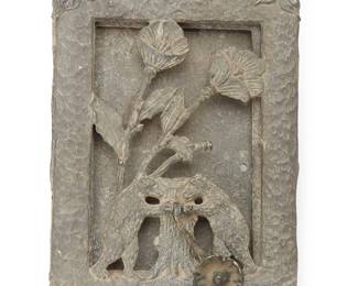 1468
A Victor Mfg. Co. LA metal door knocker and viewing window
Mid-20th century
Marked in the casting: Victor MFG. CO. / Los Angeles / CA
Each side depicting poppies and two bear figures centering a tree stump, the front with floriform door knocker, the reverse with a hinged viewing door
9.25" H x 6.5" W x 1.875" D
Estimate: $50 - $100