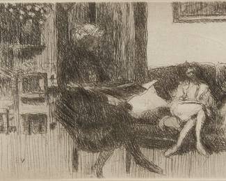 1213
Édouard Vuillard
(1868-1940)
"Intérieur au Canapé," circa 1930
Etching on cream paper
From the edition of 150, published 1944
Initialed in the plate: EV
Plate: 3.75" H x 5.625" W; Sight: 5.875" H x 3.975" W
Estimate: $300 - $500