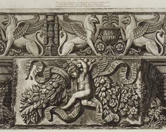 1202
Giovanni Battista Piranesi
(1720-1778)
"Fregio antico di marmo con Ippogrifi, nel cortile del palazzo della Valle," plate 79 from "Vasi Candelabri Cippi Sarcofagi Tripodi Lucerne ed Ornamenti Antichi," 1778-80
Etching on paper
From the edition of unknown size and date
Artist's name, title, and plate number etched in the plate: Cavalier Piranesi F.
Sight: 17.625" H x 27.875" W
Estimate: $300 - $500