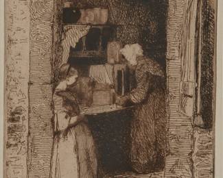 1209
James McNeill Whistler
(1834-1903)
"La Marchande de Moutarde," from the "French Set," circa 1858
Etching printed in brownish-black ink on wove paper
Signed in the plate, lower left: Whistler
Plate: 6.125" H x 3.5" W; Sight: 6.25" H x 3.75" W
Estimate: $500 - $700

