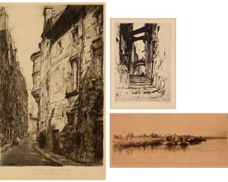 1211
Three etchings by Mortimer Luddington Menpes (1855-1938), Louis Orr (1879-1961), and Alonzo C. Webb (1888-1975)
Three works:

Louis Orr (1879-1961)
"Hotel de Sens," circa 1919
Etching on paper
From the edition of unknown size
Signed, dated, and inscribed in the image: Louis Orr / "Paris" / 1919; signed again and titled along the lower edge of the plate
Image: 18.5" H x 12" W; Plate: 20.25" H x 12.5" W; Sight: 23.5" H x 15.5" W

Alonzo C. Webb (1888-1975)
"Vieille rue a Biot"
Etching on wove paper
Edition: 33/75
Signed, titled, and numbered in pencil in the lower margin: A.C. Webb
Plate: 8.125" H x 5.75" W; Sight: 9.25" H x 6.75" W

Mortimer Luddington Menpes (1855-1938)
"Kashmir"
Drypoint on laid paper, watermark F.J.H. / Menpes
Signed in pencil in the lower margin, at right: Mortimer Menpes imp
Plate: 4.5" H x 10.75" W; Sheet: 11" H x 17.375" W
Estimate: $400 - $600