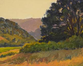 1059
Thomas Wood
(b. 1940)
"Near the Golf Course: San Geronimo Valley," 1994
Oil on canvas
Signed and dated lower left: T. Wood '94; titled by repute
9" H x 12" W
Estimate: $200 - $300