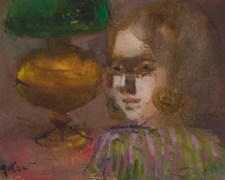 1108
Ruth Gikow
(1915-1982)
"Girl with lamp"
Oil on canvas
Signed lower left: Gikow; titled on a label affixed to the frame's verso
9" H x 12" W
Estimate: $400 - $600