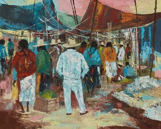 1097
20th Century Mexican School
Market scene
Oil on panel
Signed lower right: Góméz
15.5" H x 23.25" W
Estimate: $400 - $600