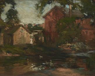 1031
Louis Frederick Berneker
(1876-1937)
"Feeding the Ducks," 1912
Oil on canvas
Signed lower right: Louis F. Berneker; titled and dated on a label affixed to the frame's verso
12" H x 16" W
Estimate: $500 - $700