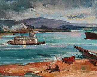 1023
Frederick Carl Smith
(1868-1955)
San Francisco Bay
Oil on canvas
Signed lower left: F. Carl Smith
10" H x 30.25" W
Estimate: $200 - $300