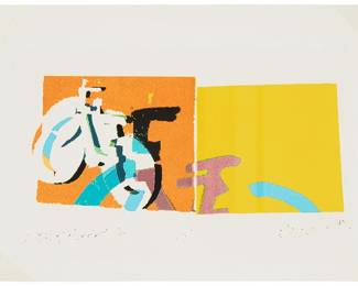 1305
Late 20th Century Abstract School
Abstract composition
Lithograph in colors on paper
Signed (possibly) and inscribed indistinctly in ink in the lower margin
Image: 4.125" H x 9" W; Sheet: 8.375" H x 10.75" W
Estimate: $50 - $100