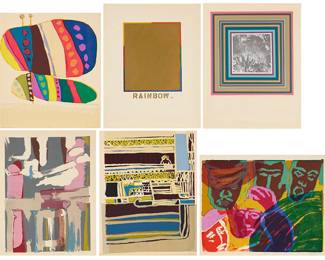 1296
A group of six screenprints by various late 20th century artists
Two geometrical and four abstract compositions
Six screenprints in colors on wove papers
Four signed, titled, and/or numbered in pencil near the lower edge of the image or the lower margin; one is only signed and titled in pencil in the lower margin, and another is not signed, titled, or numbered
Image of smallest: 14.75" H x 11.375" W; Sheet of smallest: 22" H x 19" W; Image of largest: 23.5" H x 18.375" W; Sheet of largest: 24" H x 19" W
Estimate: $300 - $500