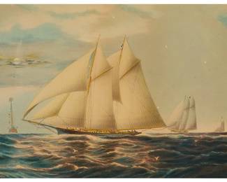 1025
20th Century American School
Schooners out at sea
Lithograph in colors with touches of hand-coloring on paper
From the edition of unknown size and date
Appears unsigned
Sight: 7.625" H x 10.125" W
Estimate: $50 - $100