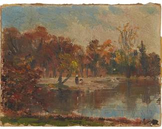 1044
William Posey Silva
(1859-1948)
"Middle West"
Oil on canvas
Unsigned; titled and inscribed "M-W-9-A / 1263," verso; with an alternate title, "Lake in the Midwest," and numbered again on the estate label signed by the artist's son, Abbott Silva, affixed to a previous frame's backing board
6" H x 8" W
Estimate: $300 - $500

