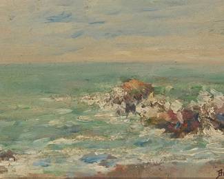 1006
Bertha Stringer Lee
(1869-1937)
Rocky coastal landscape
Oil on board
Signed lower right: Bertha S. Lee
Sight: 4.75" H x 8.25" W
Estimate: $200 - $300