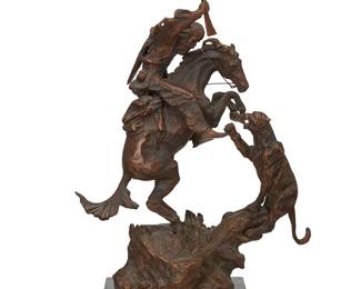 1092
After Charles Marion Russell
(1864-1926)
Lion and Trapper
Patinated bronze on marble plinth
Signed in the casting: C M Russel [cattle cipher]
Bronze: 17" H x 11.125" W x 5" D; Overall: 18.25" H x 11.125" W x 5.75" D
Estimate: $300 - $500