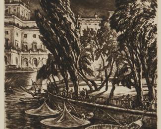 1212
Muirhead Bone
(1876-1953)
"Windy Night, Stockholm," 1935
Drypoint on wove paper
From the edition of unknown size
Signed in pencil in the lower margin, at right: Muirhead Bone; with the artist's name and title in pencil on an old mat board affixed to the frame's backing paper
Plate: 11.875" H x 7.75" W; Sight: 12.5" H x 8.125" W
Estimate: $300 - $500