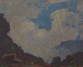 1050
20th Century American School
Atmospheric landscape
Oil on panel
With an indistinct incised signature lower left, possibly: DK
14" H x 14" W
Estimate: $600 - $800
