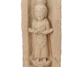 1397
A Chinese carved stone standing Bodhisattva stele
20th century
The figure carved into a sandstone block
22.25" H x 9.375" W x 5.75" D
Estimate: $400 - $600
