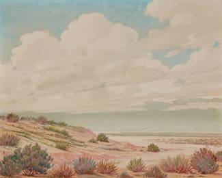 1073
Roger Scott
(1898-1976)
Desert scene
Oil on canvas
Signed lower right: Roger Scott
24" H x 30.25" W
Estimate: $300 - $500