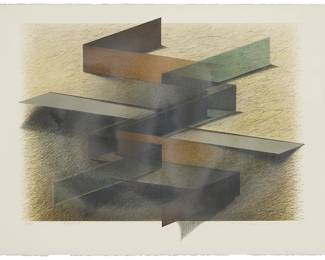 1253
Kiyoko Kobayashi
(b. 1947)
"Fusing Memories," 1988
Lithograph in colors on wove paper
Edition: 2/35
Signed, titled in both Japanese and English, dated, and numbered, all in pencil in the lower margin: K. Kobayashi 88
Image: 17.5" H x 26" W; Sheet: 22.25" H x 30" W
Estimate: $100 - $200