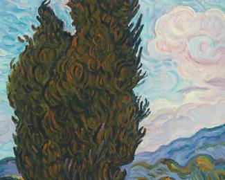 1144
Paul Saltarelli
(1955-2019)
"Cypress in a Landscape," after Vincent Van Gogh, 1998
Miniature oil on board
With the artist's signature, title, date of the miniature, and inscribed in ink, partially effaced, all on the frame's backing paper: Paul Saltarelli / 1998 / "after Vincent Van Gog"
3" H x 2.25" W
Estimate: $300 - $500