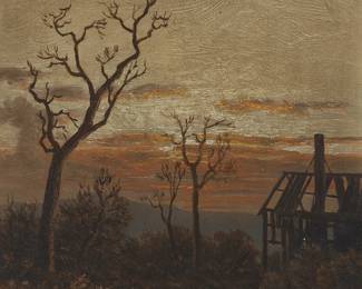 1032
Attributed to William Lewis Marple
1827-1910
"Deserted Mill," 1875
Oil on canvas
Initialed lower left: WM; titled, dated, and inscribed on a label affixed verso: "San Francisco, November 24th, 1875"
10" H x 8" W
Estimate: $400 - $600