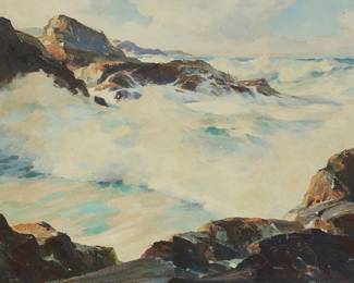 1001
Bennett Bradbury
(1914-1991)
"Breakers Points"
Oil on canvas
Signed lower right: Bennett Bradbury; signed again, titled, and numbered "#T321," all verso
22" H x 28" W
Estimate: $700 - $900