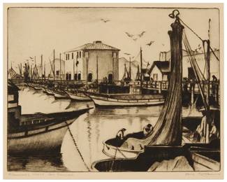 1026
Gene Kloss
(1903-1996)
"Fisherman's Wharf - San Francisco," 1935
Etching and drypoint on paper
From the edition of 30
Signed and titled in pencil in the lower margin: Gene Kloss
Plate: 6.875" H x 8.875" W; Sight: 7.5" H x 9.25" W
Estimate: $400 - $600