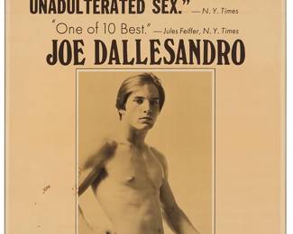 1306
After Andy Warhol
(1928-1987)
An exhibition poster for Andy Warhol's movie "Flesh"
Offset lithograph in colors on poster paper
From the edition of unknown size and date
Appears unsigned
Image: 37.25" H x 25.625" W; Sight: 40.625" H x 26.625" W
Estimate: $200 - $300