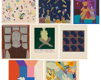 1295
A group of eight screenprints by various late 20th century artists
One figural, two portraits, and five abstract compositions
Eight screenprints in colors on wove papers
Nine signed, titled, and/or numbered in pencil near the lower edge of the image or the lower margin; one is not signed, titled, or numbered
Image of smallest: 15" H x 15" W; Sheet of smallest: 22" H x 18" W; Image of largest: 23.5" H x 18.875" W; Sheet of largest: 24" H x 19.125" W
Estimate: $300 - $500