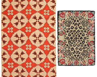 1448
Two Modern hooked rugs
Late 20th century
Comprising a folk art rug with bellflower motifs, and a small floral mat
2 pieces
Larger: 5' 9.5" L x 3' W; Smaller: 3' L x 2' W
Estimate: $200 - $300