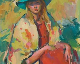 1112
Sergei Bongart
(1918-1985)
Portrait of a woman in a blue hat, 1969
Oil on canvas
Signed and dated upper right: Sergei Bongart / 1969
40" H x 32" W
Estimate: $800 - $1,200