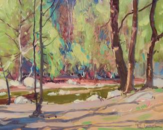1065
Paul Lauritz
(1889-1975)
Stream through a forest interior
Oil on board
Signed lower right: Paul Lauritz; with the incised signature verso
7" H x 9" W
Estimate: $600 - $800