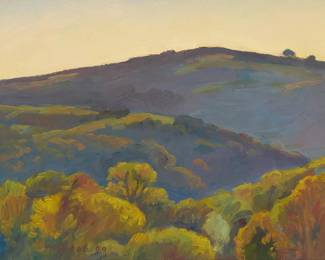 1053
Thomas Wood
(b. 1940)
Landscape with hills, 2000
Oil on linen laid to Masonite
Signed and dated lower left: T. Wood 00
7.125" H x 9.125" W
Estimate: $300 - $500