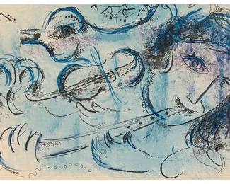 1274
Marc Chagall
(1887-1985)
"Le Joueur de Flute," 1957
Lithograph in colors on paper
From the edition of 6,000, aside from the pencil signed and numbered edition of 90
Unsigned; Mourlot, Paris, prntr.; Maeght, Paris, pub.
Image/Sheet: 9" H x 15.375" W
Estimate: $200 - $300