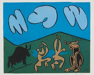 1269
After Pablo Picasso
(1881-1973)
After "Bacchanale au taureau noir" of 1959
Reproduction in colors on wove paper without watermark
From the edition of unknown size and date, printed later, probably digitally, in either 1988 or 2020
Bears signature and inscription "E.A" in red pencil, both in another hand, in the lower margin: Picasso
Image: 10.625" H x 13" W; Sheet: 12.375" H x 14.125" W
Estimate: $200 - $300