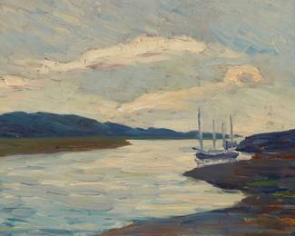 1040
Lillie Mae Nicholson
(1884-1964)
"River at Etaples" (Canche)
Oil on board
Signed lower right: LM Nicholson; titled on a letter of authenticity signed by the artist's sister affixed to the frame's backing paper
10.75" H x 15.25" W
Estimate: $400 - $600