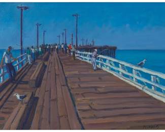 1020
Martin Mondrus
(1925-2020)
Figures on a Pacific Pier
Oil on canvas
Signed lower right: Mondrus
12" H x 16" W
Estimate: $700 - $900
